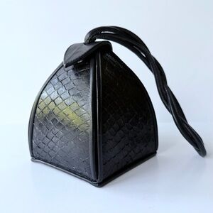 Vintage Sculptural Black Pyramid Exotic Fish Leather Box Handbag / Swing Clutch